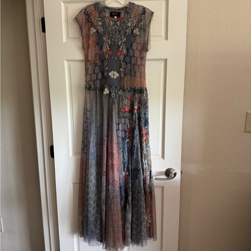 Johnny Was Pink and Gray Crew Neck Maxi Sundress